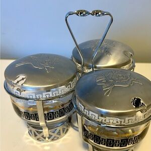 Vintage Libbey 3-Jar Condiment Caddy  Glass Inserts
Silver-Tone Lids